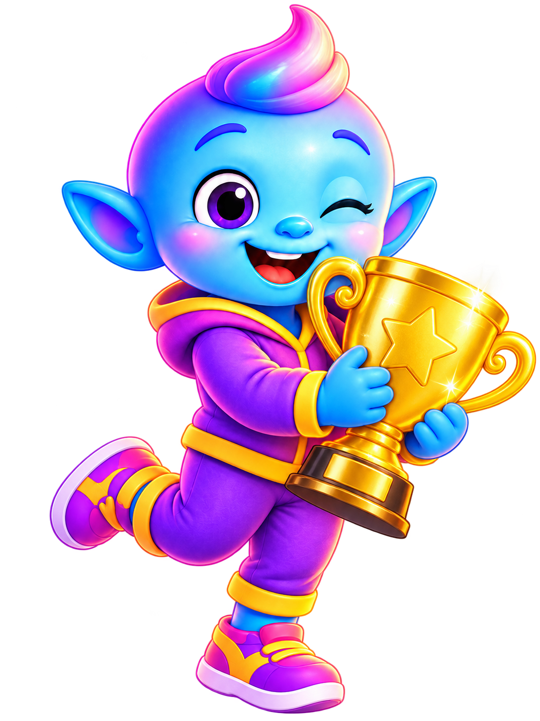 Versito con un trofeo, celebrando un logro